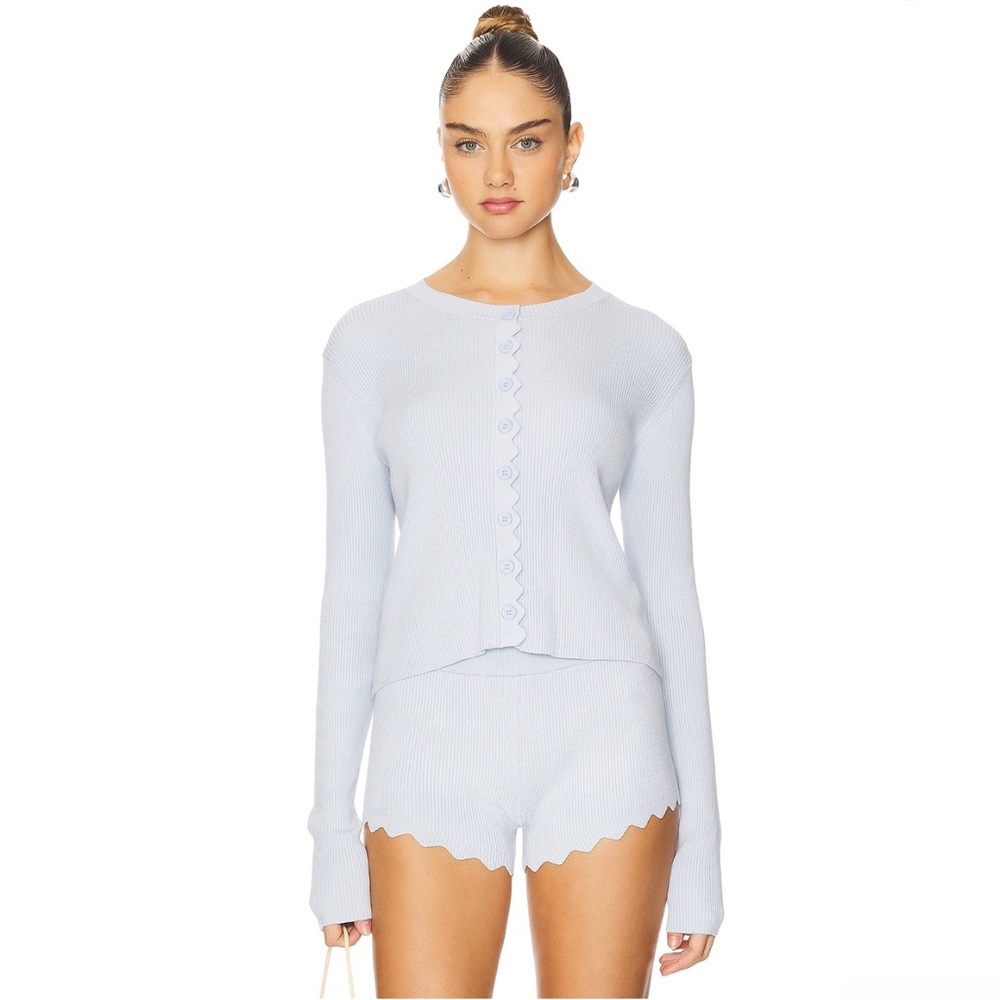 Lioness Ivy League Top in Soft Blue Light Blue Ribbed Knit cardigan